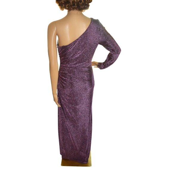 Adrianna Papell Purple One Shoulder Metallic Knit Draped Sheath Ball Gown Size 8 - Picture 6 of 9